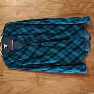 Cato Bias Cut Popover Top Turquoise Plaid Adjustable Sleeves 100% Cotton 18/20W